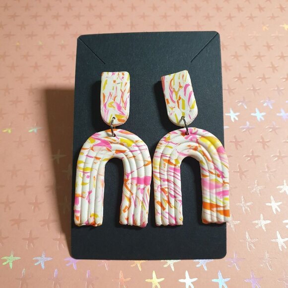 Handmade Polymer Clay U Shaped Dangle Earrings Marble Pattern Costume Women - Picture 1 of 3